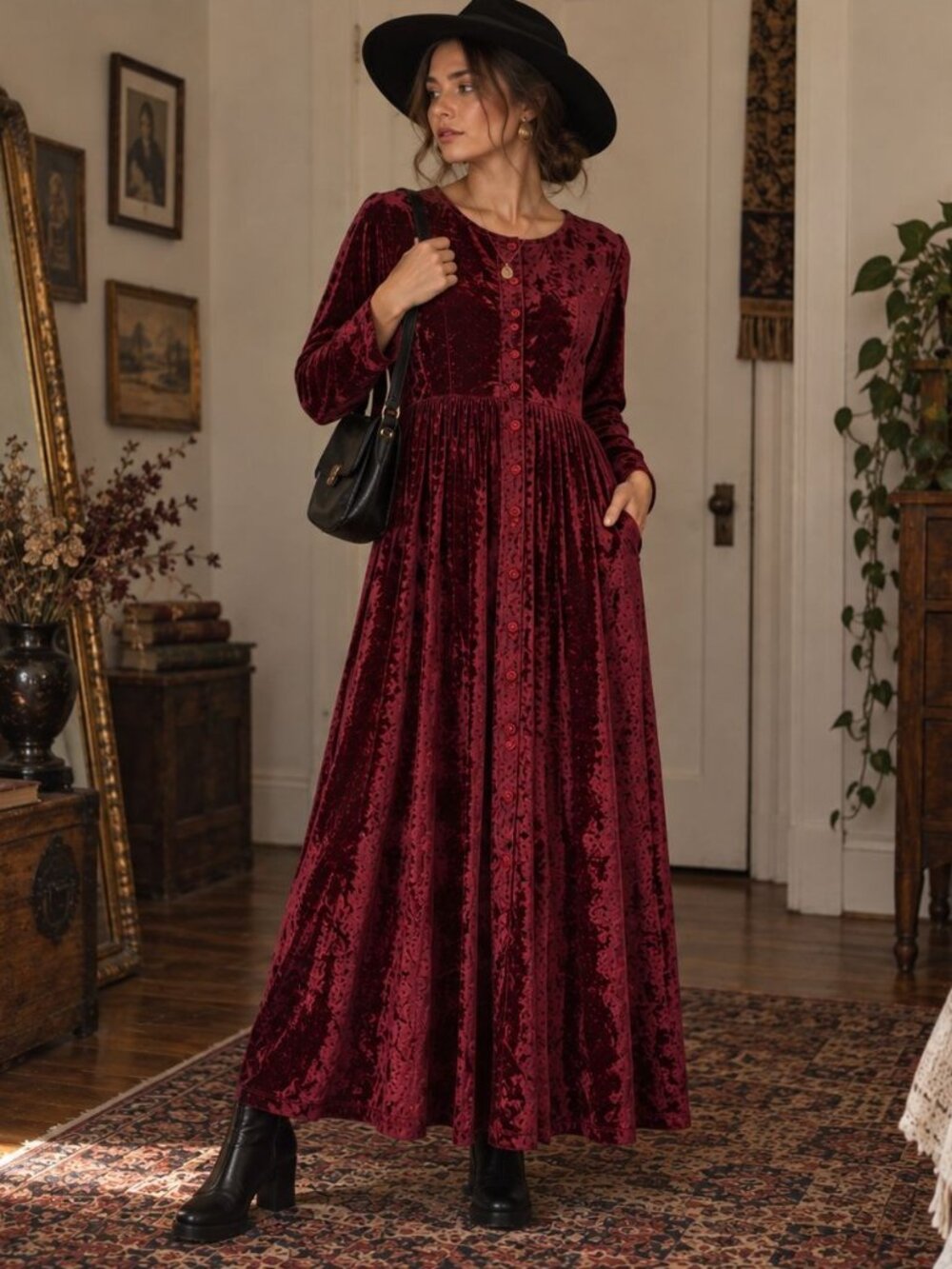 Vtg Robbie Bee Maxi Velour Dress Sz 14 Burgundy Velvet Witchy Grunge Whimsigoth